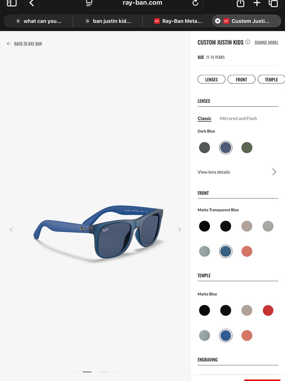 Ray-Ban Kids Matte Blue Frame with Dark Blue Lenses Sunglasses